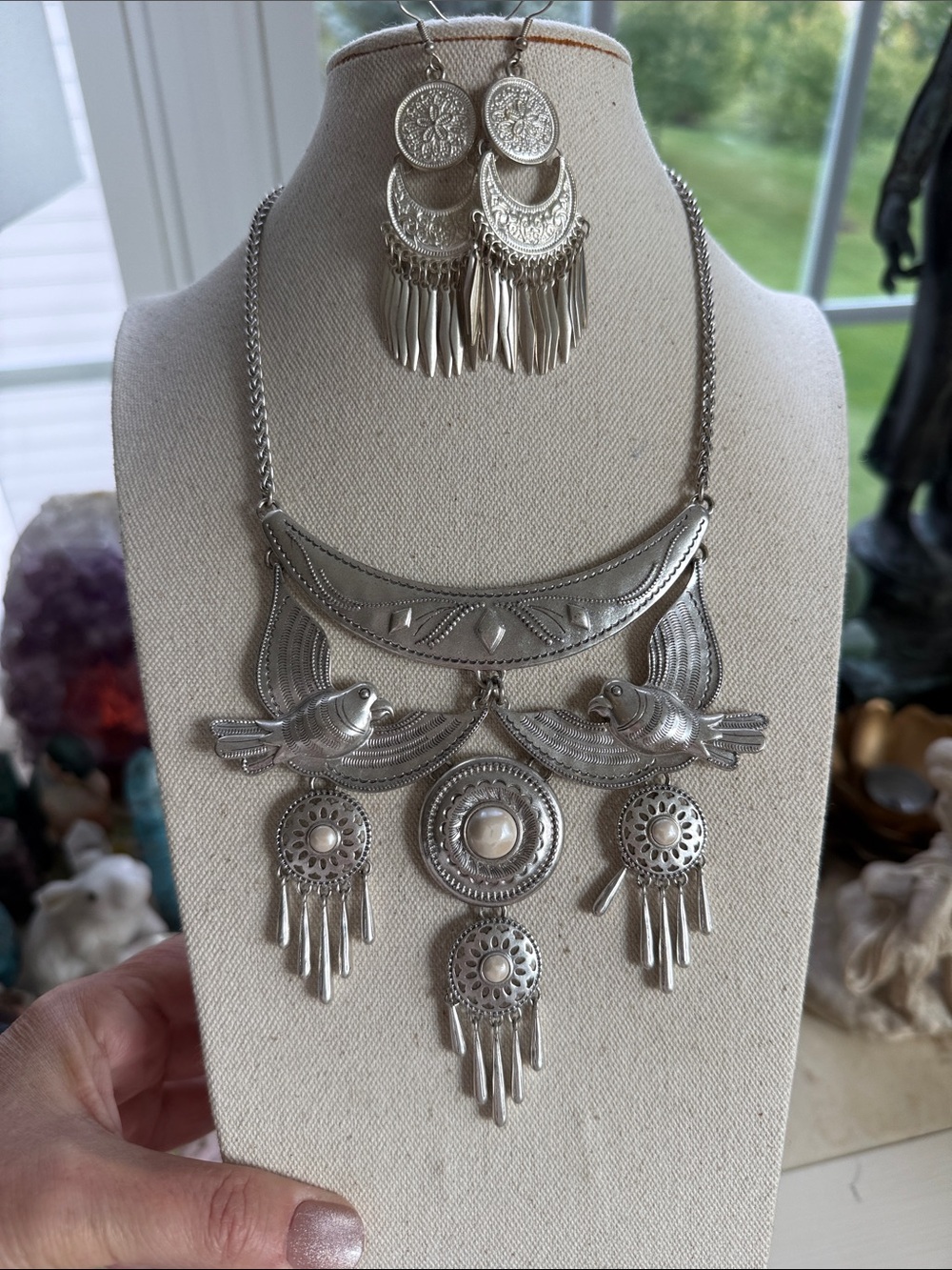Lucky Brand Silver Bird Motif Statement Necklace & Earring Set